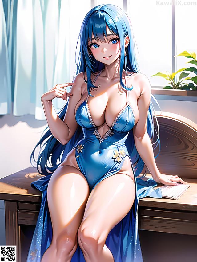 Hentai - 华彩繁花 Set 1 20230602 Part 16 No.a93c24 A woman in a blue bathing suit sitting on a desk.