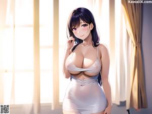 Anime girl with big tits sitting on a bed.